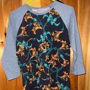 LuLaRoe Navy Floral Raglan Top with Teal and Orange Print
